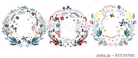 Bright Christmas wreath, colorful flowers, candy, pine branch, pine cone, balls. Concept Christmas and New Year. Perfect for greeting cards, poster, postcard, banner. Vector 95539760