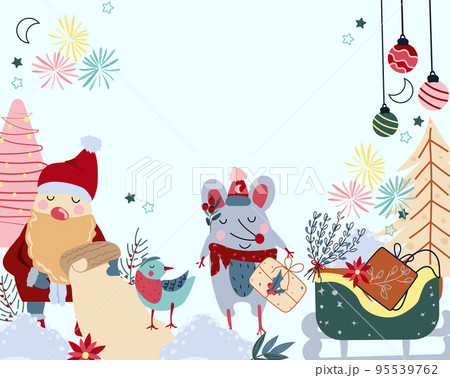 Winter card with funny the mouse is holding a gift, cute Santa Claus, Christmas tree, sleigh of present and other. Magic banner. Concept Christmas and New Year. Vector illustration Winter card with funny the mouse is holding a gift, cute Santa Claus, Christmas tree, sleigh of present and other. Magic banner. Concept Christmas and New Year. Vector illustration 95539762