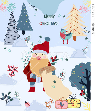 Winter card, with Merry Christmas lettering, with Santa is reading a letter, Christmas tree and other. Concept Christmas and New Year. Perfect for greeting cards, poster, postcard, banner. Vector 95539764