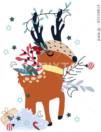 Winter composition with funny reindeer and garlands on the horns, among heaps of snow, pine branches, berries. Cute winter animal. Perfect for greeting cards, poster, postcard, banner. Vector. 95539814