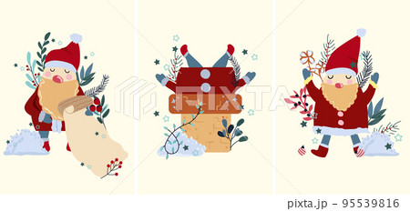 Christmas card with Santa Claus climbed into the chimney, Santa is reading a letter, winter berries, colorful leaves, pine branches, snow and other. Concept Christmas and New Year.  95539816