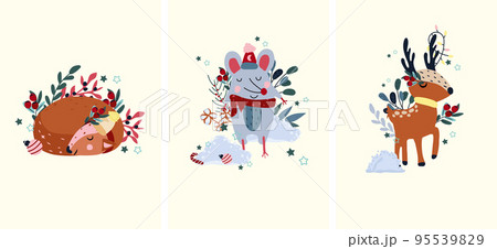 Winter cards with animals, funny reindeer and garlands on the horns, cute mouse in a scarf among heaps of snow, sleeping deer. Magic animals. Concept Christmas and New Year. Vector. Winter cards with animals, funny reindeer and garlands on the horns, cute mouse in a scarf among heaps of snow, sleeping deer. Magic animals. Concept Christmas and New Year. Vector. 95539829