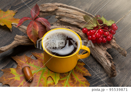Yellow cup of coffee on wooden boards, next to a driftwood, surrounded by autumn leaves and viburnum berries Yellow cup of coffee on wooden boards, next to a driftwood, surrounded by autumn leaves and viburnum berries 95539871