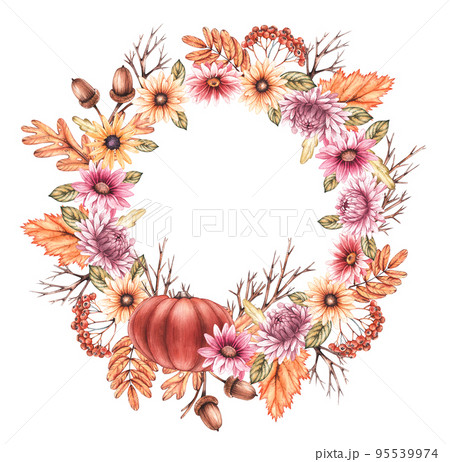 Watercolor autumn wreath on a white background 95539974