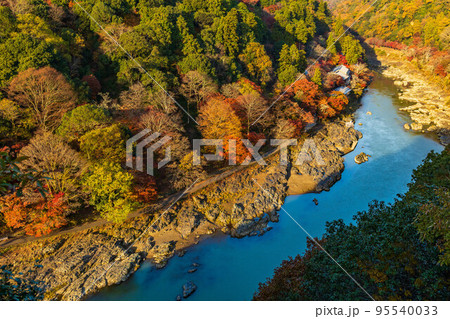 京都嵯峨嵐山の秋　紅葉の保津峡（嵐峡）　嵐山公園展望台からの眺望 95540033
