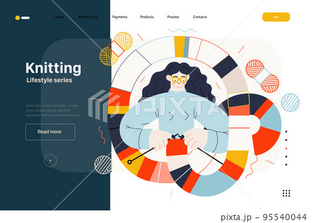 Lifestyle web template - Knitting - modern flat vector illustration of a woman wearing glasses knitting a long striped scarf with knitting needles. People activities concept 95540044