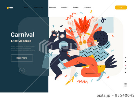 Lifestyle web template - Carnival - modern flat vector illustration of masked people dancing together, taking part in the costume carnival procession. People activities concept 95540045