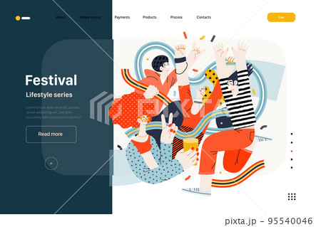 Lifestyle web template - Festival - modern flat vector illustration of a man and a woman taking part in the rock musical festival. People activities concept 95540046