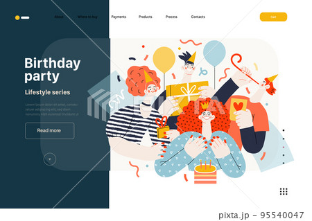 Lifestyle web template - Birthday party - modern flat vector illustration of men and women celebrating birthday, giving presents. People activities concept 95540047