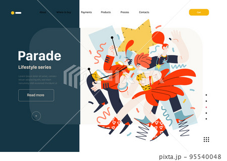 Lifestyle web template - Parade - modern flat vector illustration of people marching together, taking part in parade or rally. Male and female protesters or activists. People activities concept 95540048