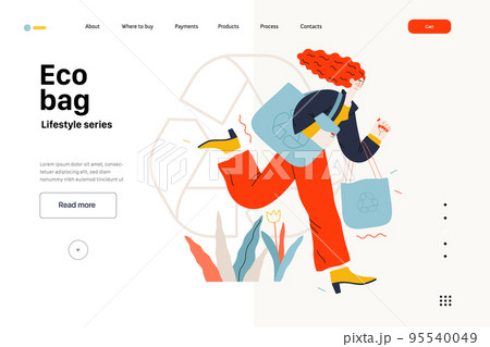 Lifestyle website template - Eco bag - modern flat vector illustration of woman holding her eco bags and recycle sign, ecology metaphor. People activities concept 95540049