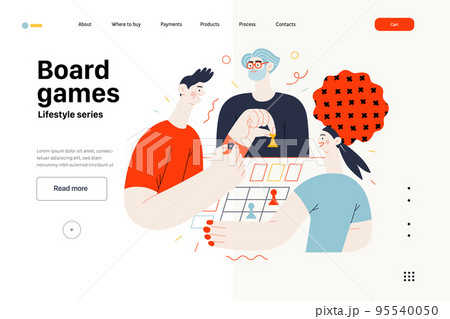 Lifestyle website template - Board games - modern flat vector illustration of people playing a board card game with a dice. People activities concept 95540050