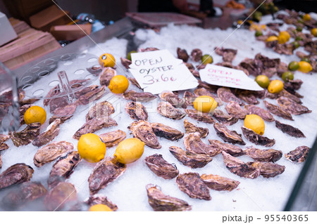 Fresh oysters and lemons for sale in the market of Valencia, Spain. Fresh oysters and lemons for sale in the market of Valencia, Spain. 95540365