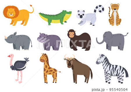 Set of African Safari Animals Lion, Crocodile, Lemur and Cheetah. Rhinoceros, Hippo, Gorilla and Elephant Set of African Safari Animals Lion, Crocodile, Lemur and Cheetah. Rhinoceros, Hippo, Gorilla and Elephant 95540504