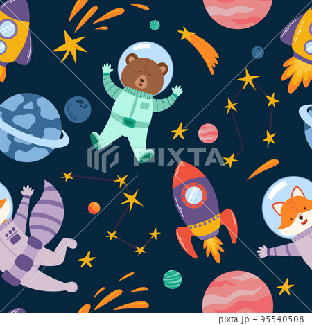 Seamless Pattern With Cute Animals Astronauts In Space. Funny Bear And Fox Flying In Weightlessness Cartoon Illustration 95540508