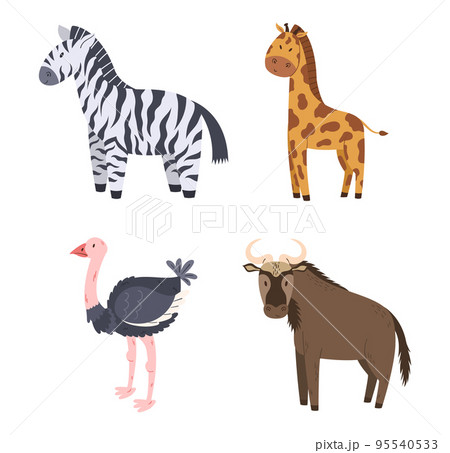 Set of African Safari Animals Ostrich, Giraffe, Buffalo and Zebra Savannah Mammal Isolated on White Background 95540533