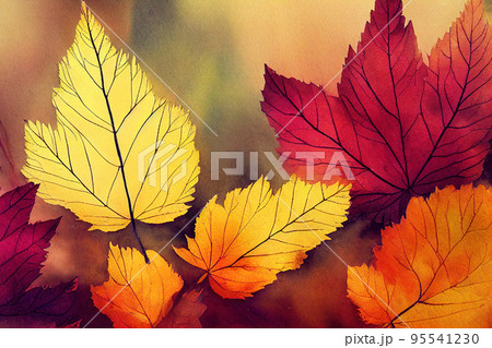 Beautiful Autumn Leaves Backgrounds - Aquarel Illustration 95541230