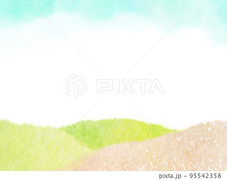 優しい色合いの和紙で描いた春の山並みと青空のイラストのフレーム背景のイラスト素材 優しい色合いの和紙で描いた春の山並みと青空のイラストのフレーム背景のイラスト素材