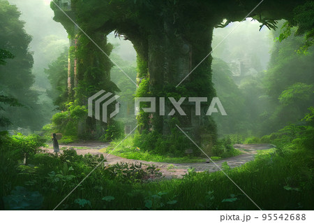 イラスト 絵画 自然 山 森 樹木 秘境 建物 95542688