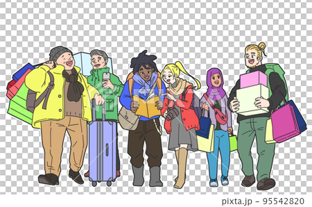 Inbound tourists enjoying shopping and sightseeing No mask White background 95542820