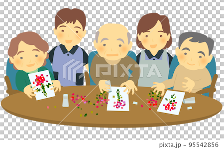 A caregiver and a user enjoying tear paintings at a facility for the elderly 95542856