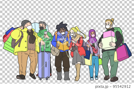 入境游客戴著白色背景的面具享受購物和觀光 入境游客戴著白色背景的面具享受購物和觀光 95542912