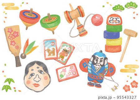 水彩風、お正月の遊び。ベクターイラスト素材。年賀状などに。 水彩風、お正月の遊び。ベクターイラスト素材。年賀状などに。 95543327