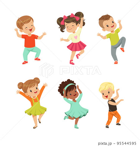 Little Boy and Girl Dancing and Moving to Music Vector Illustration Set 95544595