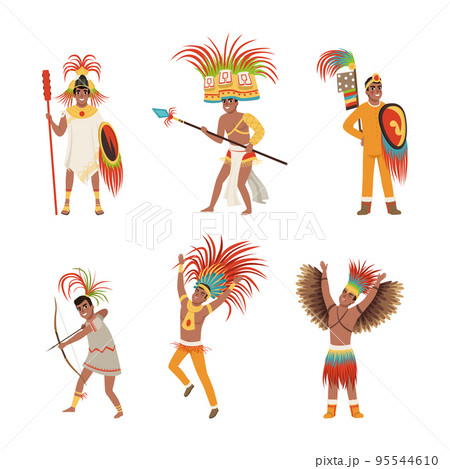 Aztec Man Warriors in Traditional Clothes and Feathered Headgear with Weapon and Shield Vector Set 95544610