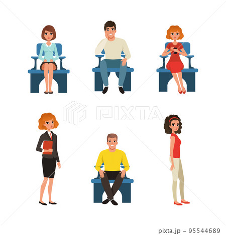 People Characters Sitting and Standing in Queue Vector Set 95544689