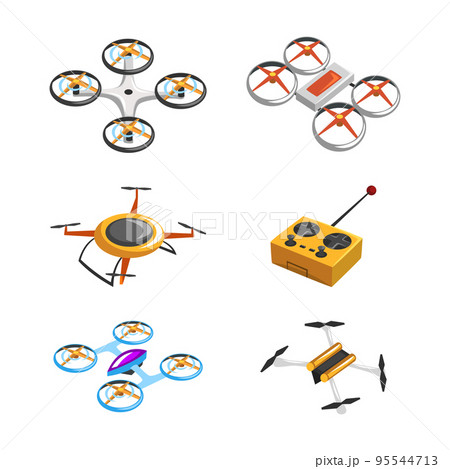 Drones with Controller as Unmanned Aircraft Isometric Vector Set 95544713