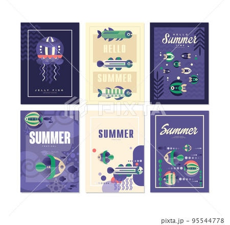 Summer Tropical Poster with Flat Exotic Fish and Blue Underwater Life Vector Set 95544778