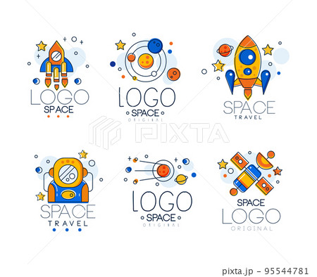 Space Logo with Astronaut, Rocket and Satellite with Planets Line Vector Set 95544781