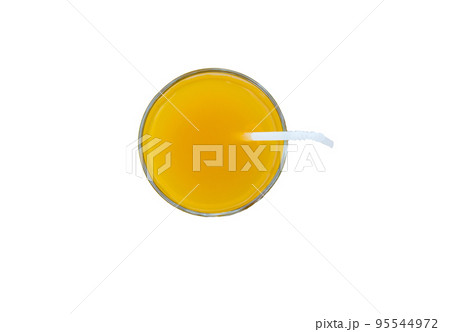 Summer drink - freshly squeezed orange juice in a glass with a straw tube, top view, isolated on a white background with clipping, minimalism style 95544972