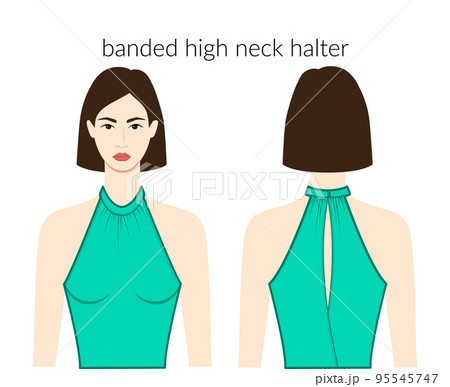 Banded high neckline halter clothes character beautiful lady in top, shirt, dress technical fashion illustration fitted Banded high neckline halter clothes character beautiful lady in top, shirt, dress technical fashion illustration fitted 95545747