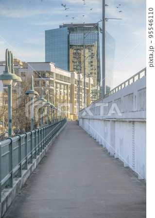 Austin, Texas- Bridge sidewalk with lamp posts over the Colorado River 95546110