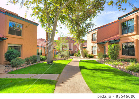 Concrete pavement in the middle of a green lawn heading to houses' entrance at Tucson, AZ Concrete pavement in the middle of a green lawn heading to houses' entrance at Tucson, AZ 95546680