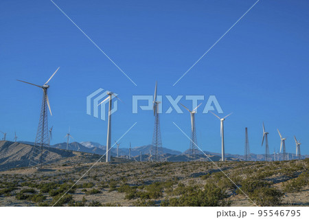 Wind turbines with lattice and tubular steel towers on a desert with wild shrubs in California 95546795