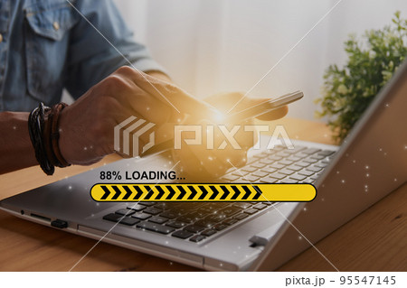 Casual Businessman Touching Mobile Phone and Black Yellow Fishbone Loading Bar Casual Businessman Touching Mobile Phone and Black Yellow Fishbone Loading Bar 95547145