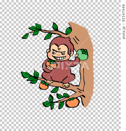 Illustration of a monkey and a persimmon tree in the old tale monkey crab battle Illustration of a monkey and a persimmon tree in the old tale monkey crab battle 95547449