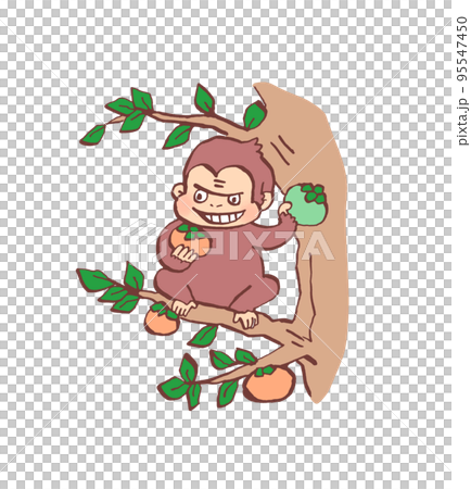 Illustration of a monkey and a persimmon tree in the old tale monkey crab battle 95547450
