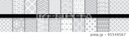 Geometric floral set of seamless patterns. White and gray vector backgrounds. Simple illustrations. Geometric floral set of seamless patterns. White and gray vector backgrounds. Simple illustrations. 95549567