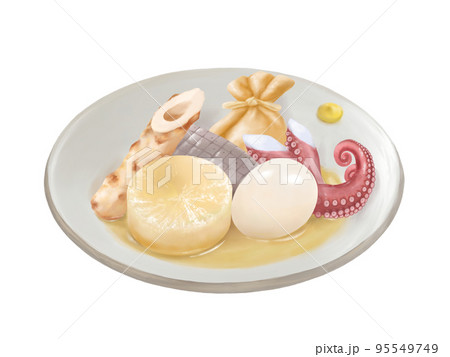 皿に盛られたおでんの具のリアルな水彩イラスト 95549749