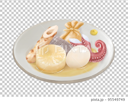 皿に盛られたおでんの具のリアルな水彩イラスト 95549749