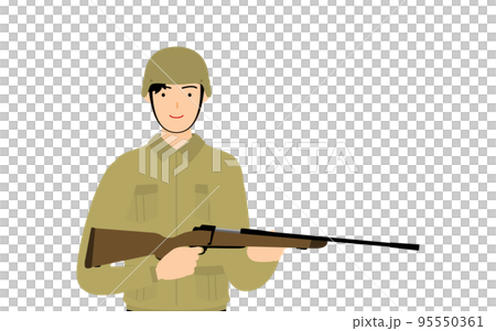 Male soldier poses, stands on guard with a rifle Male soldier poses, stands on guard with a rifle 95550361