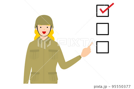 女性兵士のポーズ、チェックリストを指さす 95550377