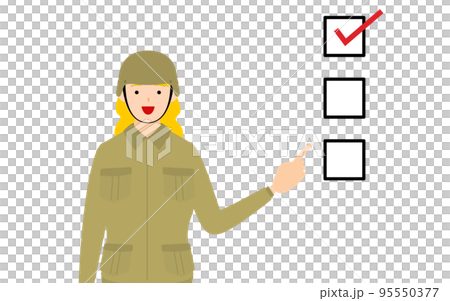 女性兵士のポーズ、チェックリストを指さす 95550377