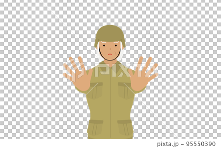 Senior female soldier poses, stop! Both hands stick out forward 95550390