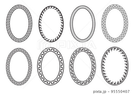 Greek key oval frame set. Circle borders with meander ornaments. Ellipse ancient designs. Vector Greek key oval frame set. Circle borders with meander ornaments. Ellipse ancient designs. Vector 95550407