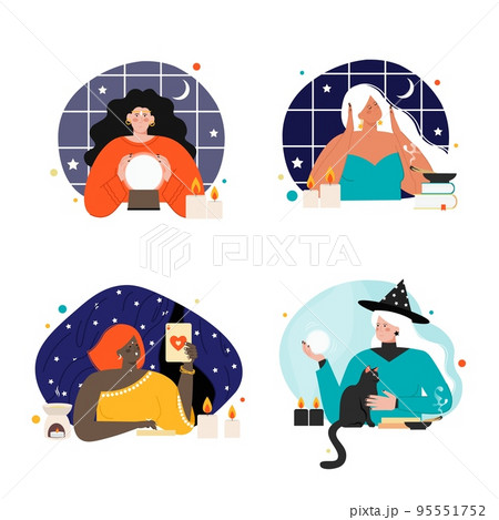 Beautiful fortune tellers oracles vector scene set 95551752